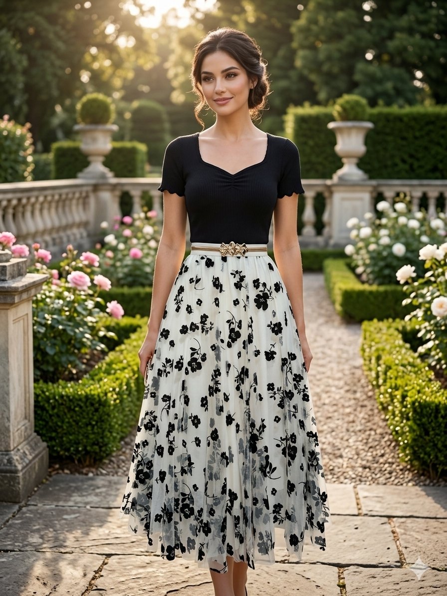 Hermosa falda tull floreada